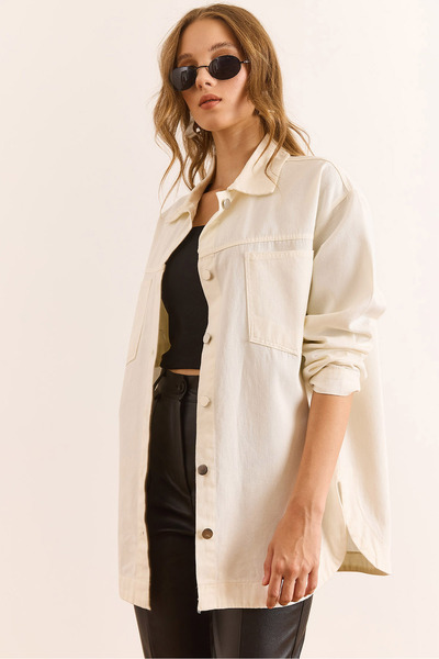 Olalook Women's White Double Pocket Six Oval Gabardine Shirt Gml-19001393