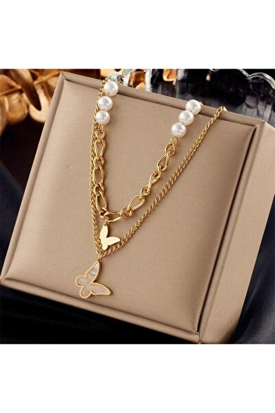 Pursehuit Κολιέ σε χρυσό χρώμα, σε 2 στρώσεις, με μαργαριτάρια και πεταλούδες...