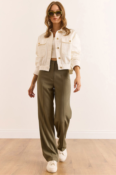 Olalook Women's Khaki Single Button Polyviscose Palazzo Pants Pnt-19000296