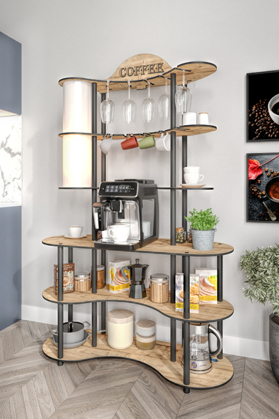 İnter Home BREW-BLISS MUTLU KAHVE KÖŞESİ-ÇOK AMAÇLI MUTFAK RAFI SAFİR MEŞE-LAMBADER AYDINLATMALI