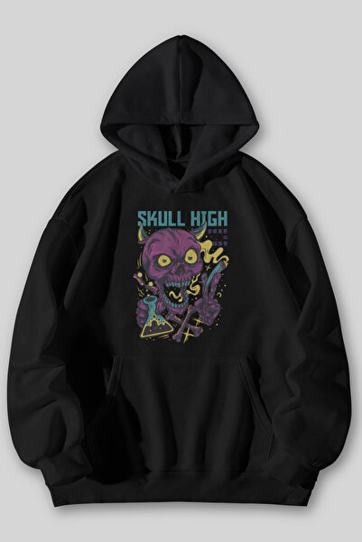 Harmandar Hanorac cu glugă unisex cu imprimeu înalt de craniu, negru, gri, cu buzunar cangur