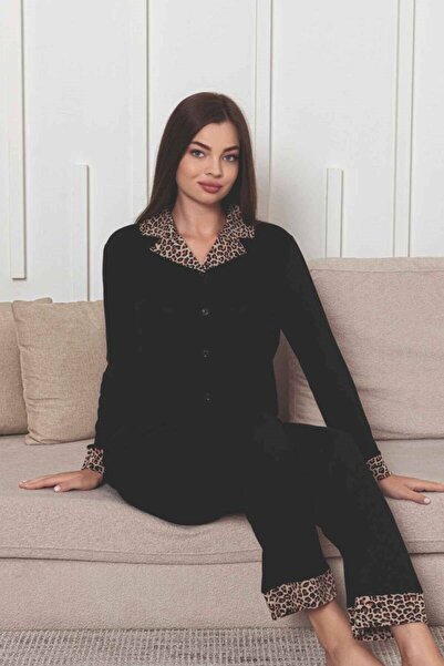 bie's Women's Black Leopard Print Shirt Collar Buttoned Front Lycra Viscose Seasonal Long Sleeve Pajama Set