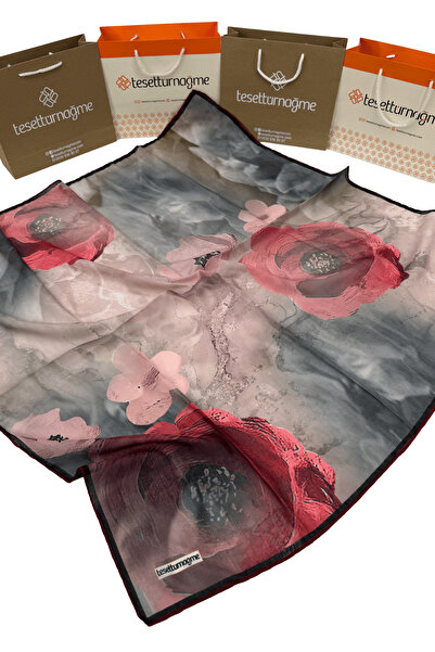 Tesettürnağme Soft Cotton Scarf Tn2002 Floral Pattern Red-Grey-01