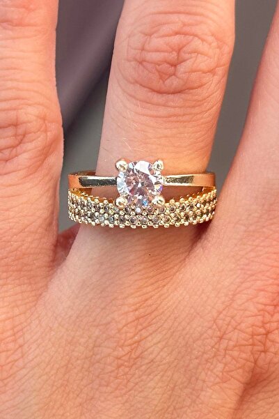 TAKIŞTIR خاتم قابل للتعديل بتفاصيل حجر ذهبي اللون