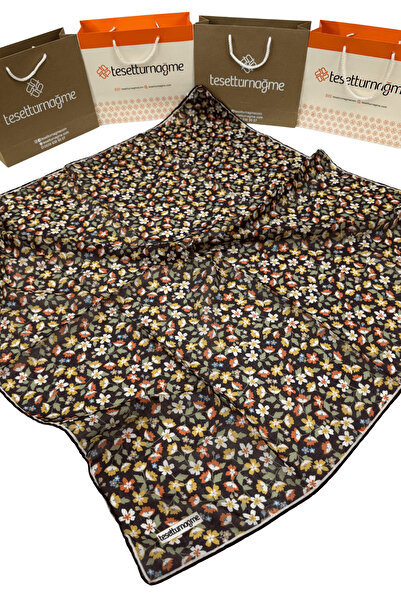 Tesettürnağme Soft Cotton Scarf Tn2008 Floral Pattern Bitter Brown-Yellow-02