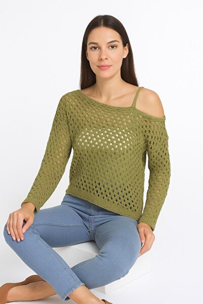 Minora Women's Openwork Sweater with Shoulder Straps Pistachio Green