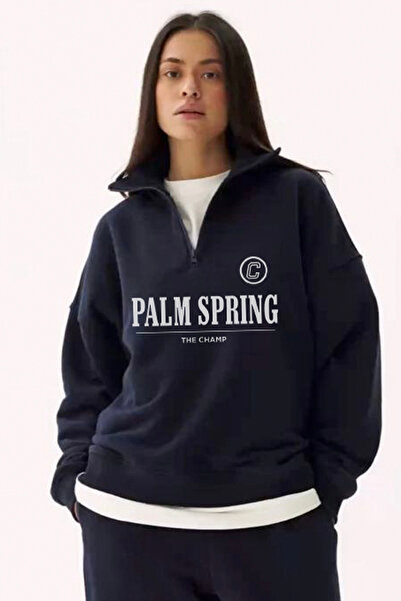 The Champ Clothing Women's Navy Blue Half-Zip Sweatshirt – Palm Spring Printed Oversized Sporty Urban Style Alternative