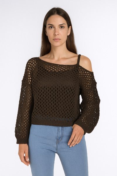 Minora Women's Openwork Sweater with Shoulder Straps Brown
