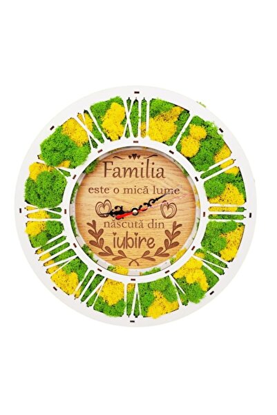 OEM Ceas cu mușchi gravat „Familia este o lume mică”, lemn, mușchi verde și g...