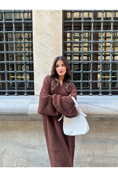 Lusin Women's Brown Stylish Collar Detailed Premium Soft Long Knit Cardigan