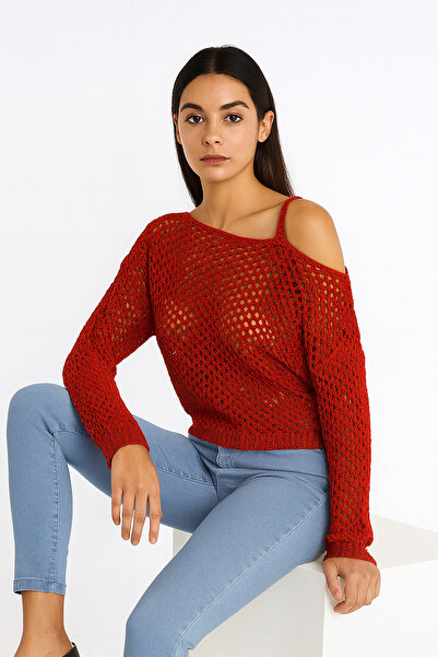 Minora Women's Openwork Sweater with Shoulder Straps Orange