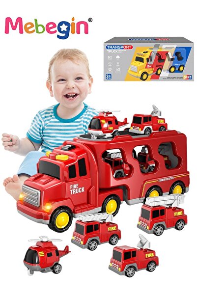 MEBEGIN مجموعة شاحنات إطفاء 5 في 1 مع 6 سيارات احتكاك صغيرة، ألعاب شاحنات مع ...