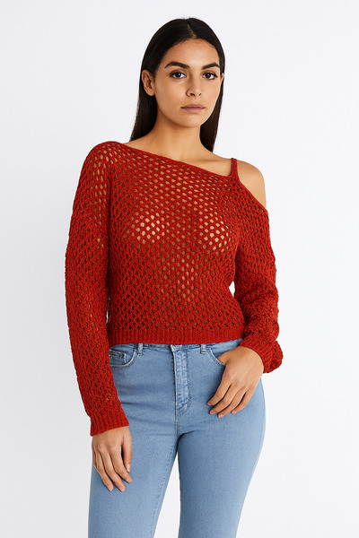 Minora Women's Openwork Sweater with Shoulder Straps Orange