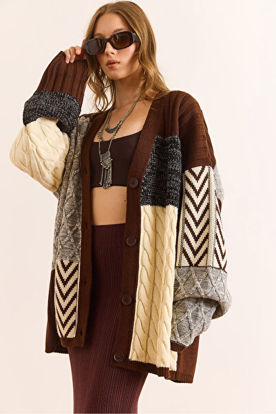 Olalook Women's Brown Premium Oversize Patch Thick Cardigan Hrk-19000376