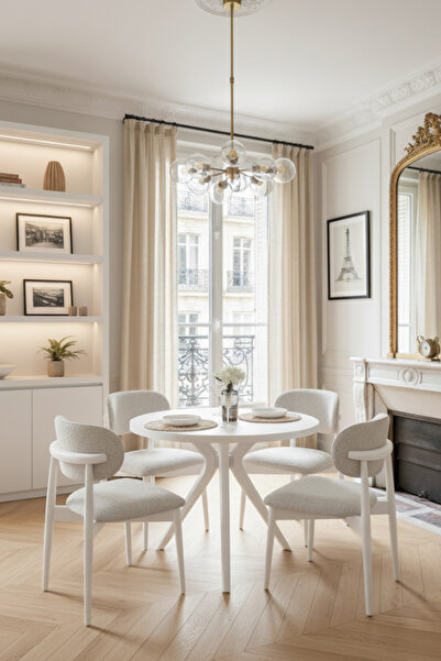 Woodenbend Milas Beyaz Ahşap Yuvarlak Döşemeli Masa Sandalye Takımı 100x100 c...