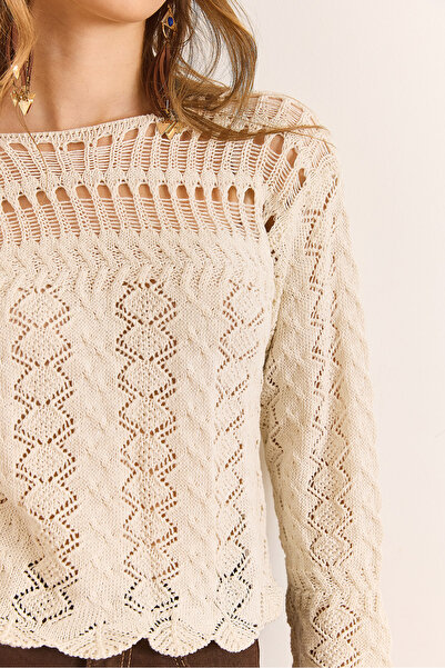 Olalook Women's Ecru Tiny Diamond Pattern Openwork Knit Blouse Blz-19003122