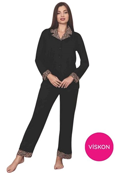 bie's Women's Black Leopard Print Shirt Collar Buttoned Front Lycra Viscose Seasonal Long Sleeve Pajama Set