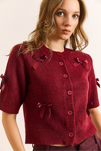 Olalook Women's Burgundy Bow Detailed Soft Textured Short Sleeve Cardigan Hrk-19000399