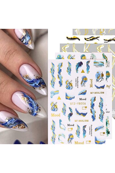 Arabest 12 Sheets Nail Art Stickers, Decals White Black Gold Stripe Line Decals Self Adhesive Marble Wavy Na