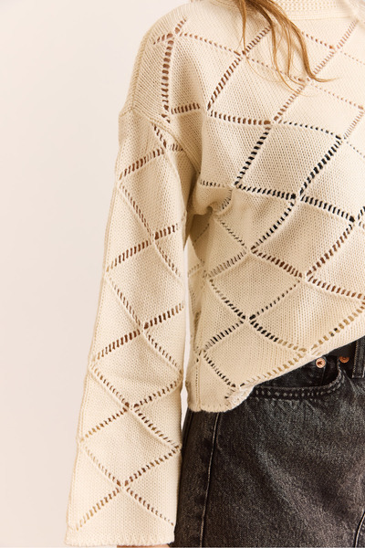 Olalook Kadın Ekru Ajurlu İspanyol Kol Triko Kazak KZK-19000999