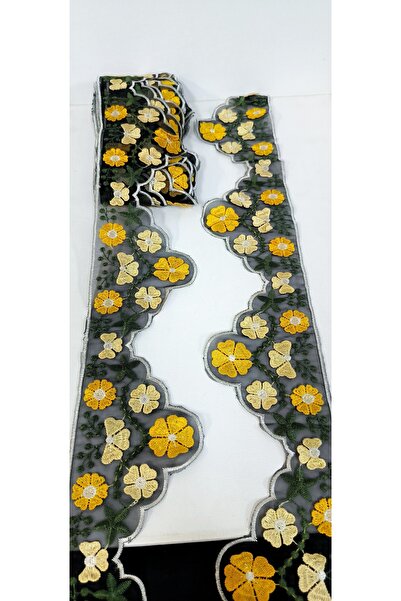 ALTAY AKSESUAR شريط تطريز مطرز بالزهور الصفراء على التول الأسود