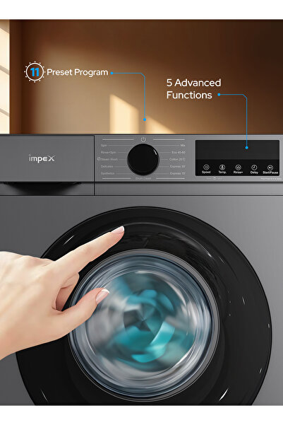 İMPEX 7.5Kg Front Load Washing Machine, 1200RPM, BLDC Inverter Motor, Grey, LED, 11 Menus, WM0750FS