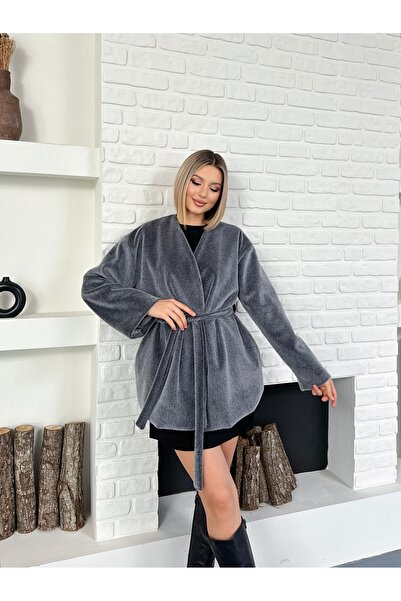 LE CARAMBOLE Women's Gray Belted Lined Fur Coat