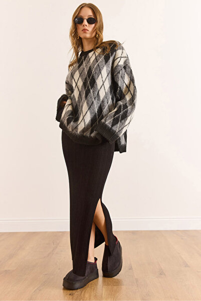 Olalook Жіноча чорна спідниця з розрізом з еластичного віскозного трикотажу ETK-19000356