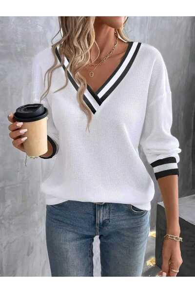 Kokosh moda Women's V-Neck Stripe Detailed Waffle Blouse