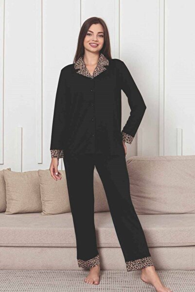 bie's Women's Black Leopard Print Shirt Collar Buttoned Front Lycra Viscose Seasonal Long Sleeve Pajama Set