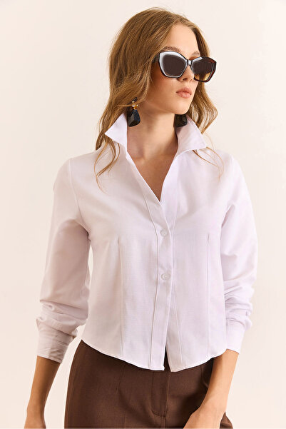 Olalook Women's White 2 Button Pencil Waist Fitted Crop Shirt Gml-19001392