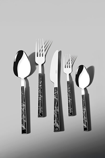 Nehir Tulip Black 6-Person Marble Patterned 30-Piece Boxed Cutlery Set