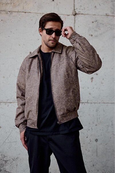 Oksit Tica Beli Elasticized Veined Oversize Men's Leather Look Coat Jacket