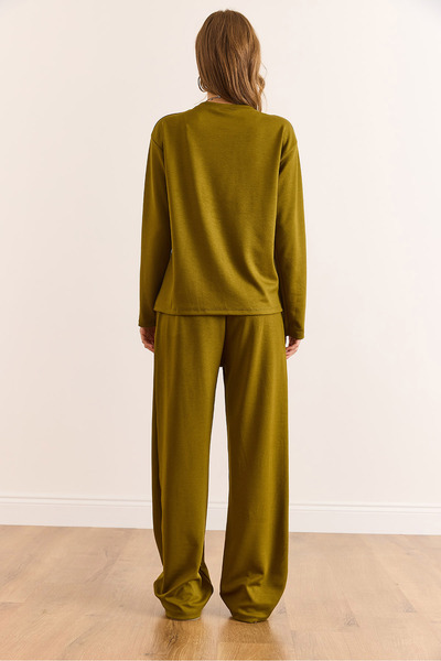 Olalook Women's Oil Green Bottom Top Basic Modal Buttoned Tracksuit Set Etkm-0000087