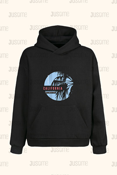 Justime تصميم كاليفورنيا سويت شيرت أسود بقلنسوة للجنسين - خيطين - هودي