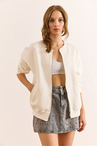 Olalook Γυναικείο φούτερ με λευκό φερμουάρ και πλαϊνές τσέπες, χοντρό κολεγιακό φούτερ SWT-19000750