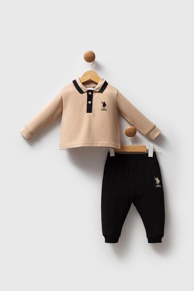 U.S. Polo Assn. Baby Boy Polo Neck Pique Fabric Long Sleeve Top and Bottom Set