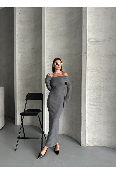 ezber moda KADIN MADONNA YAKA PAMUKLU UZUN ELBİSE