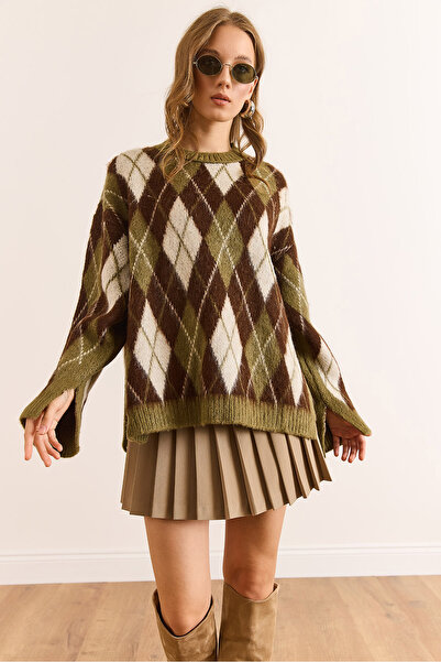 Olalook Γυναικείο πλεκτό πουλόβερ με πράσινο σχέδιο μπακλαβά με μαλακή υφή KZK-19000996