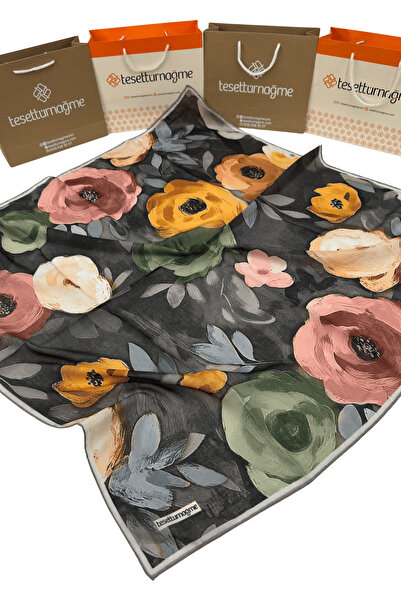 Tesettürnağme Soft Cotton Scarf Tn2005 Floral Pattern Anthracite-Salmon-01