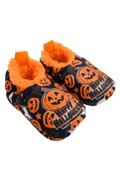 SHOPIENS Papuci Halloween Copii Balerini De Casa Negri Cu Dovleci Portocalii Fantome Si Mesaj Happy Hallowee