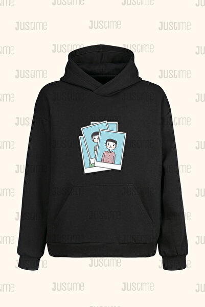 Justime سترة بقلنسوة سوداء بتصميم إطار أمامي مطبوع للجنسين - خيطان - هودي