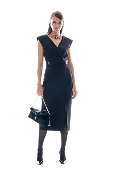 EXPLOSION Gold Aksesuarlı Önden Yırtmaçlı Şık Elbise