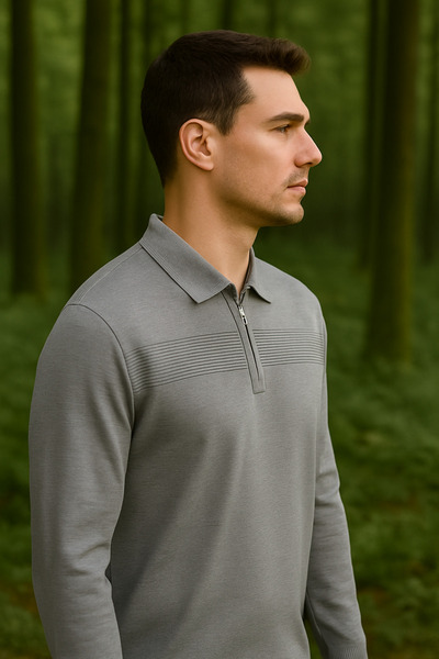 Maccali Men's Striped Zippered Polo Neck Gray Winter Sweater