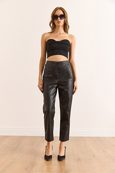 Olalook Women's Black Fleto Pocket Pencil Pleated Faux Leather Trousers Pnt-19000367