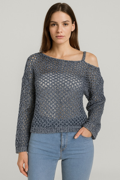 Minora Women's Openwork Sweater with Shoulder Straps Mixed Navy Blue