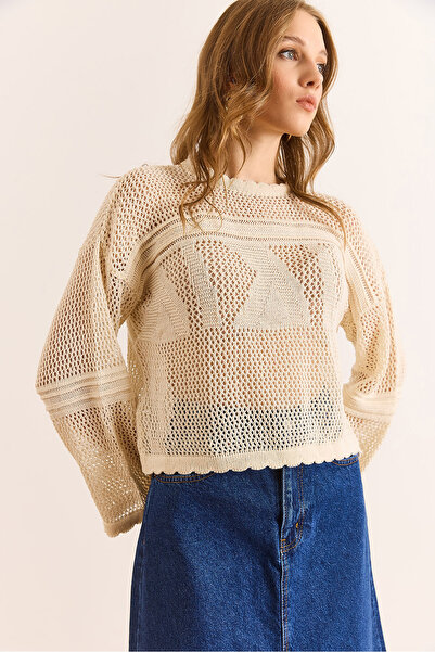 Olalook Women's Ecru Collar Detailed Openwork Seasonal Knitwear Blouse Blz-19003124