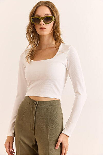 Olalook Women's White Square Neck Ribbed Crop Blouse Blz-19003117