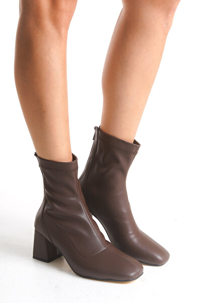 ELAIA SHOES Μπότες LOREN Blunt Toe Stretch Καφέ δέρμα