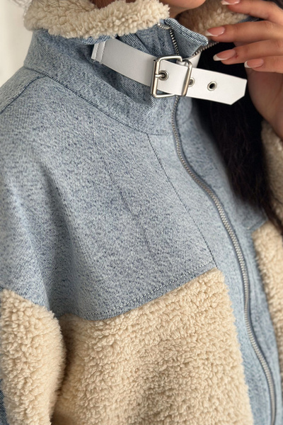 Noa Noa Жіночий джинсовий пальто з підкладкою з плюшу – високий комір і сезонна елегантність